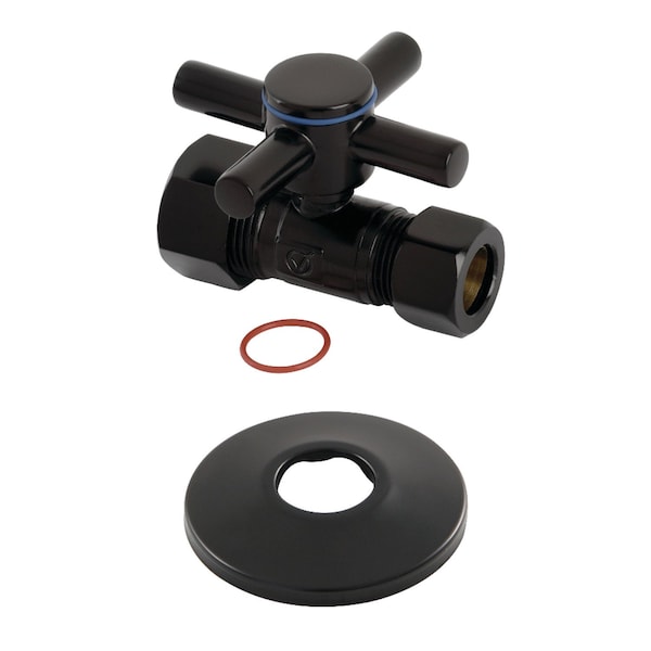 5/8" ODx1/2" OD Comp Quarter-Turn Straight Stop Valve W/ Flange, Black